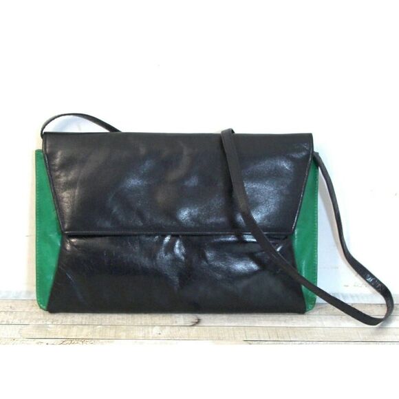 CHARLES JOURDAN PARIS FRANCE BLACK GREEN RED GENUINE LEATHER CLUTCH PURSE X-BODY - Picture 1 of 8
